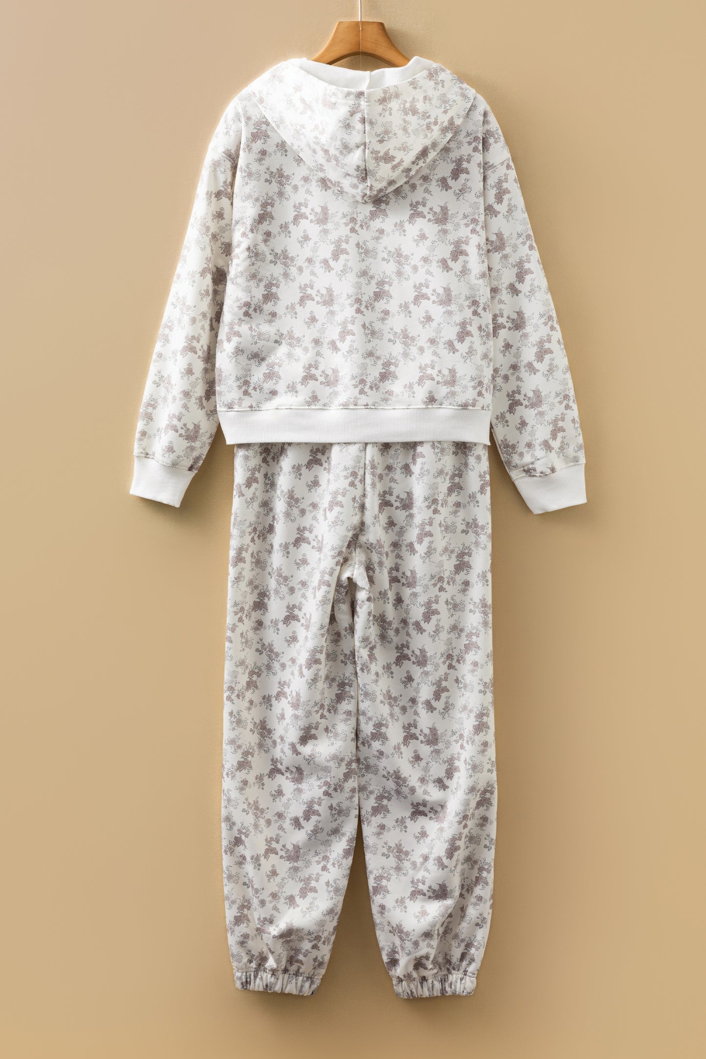 White Floral Print Casual Hoodie Drawstring Jogger Pant Set