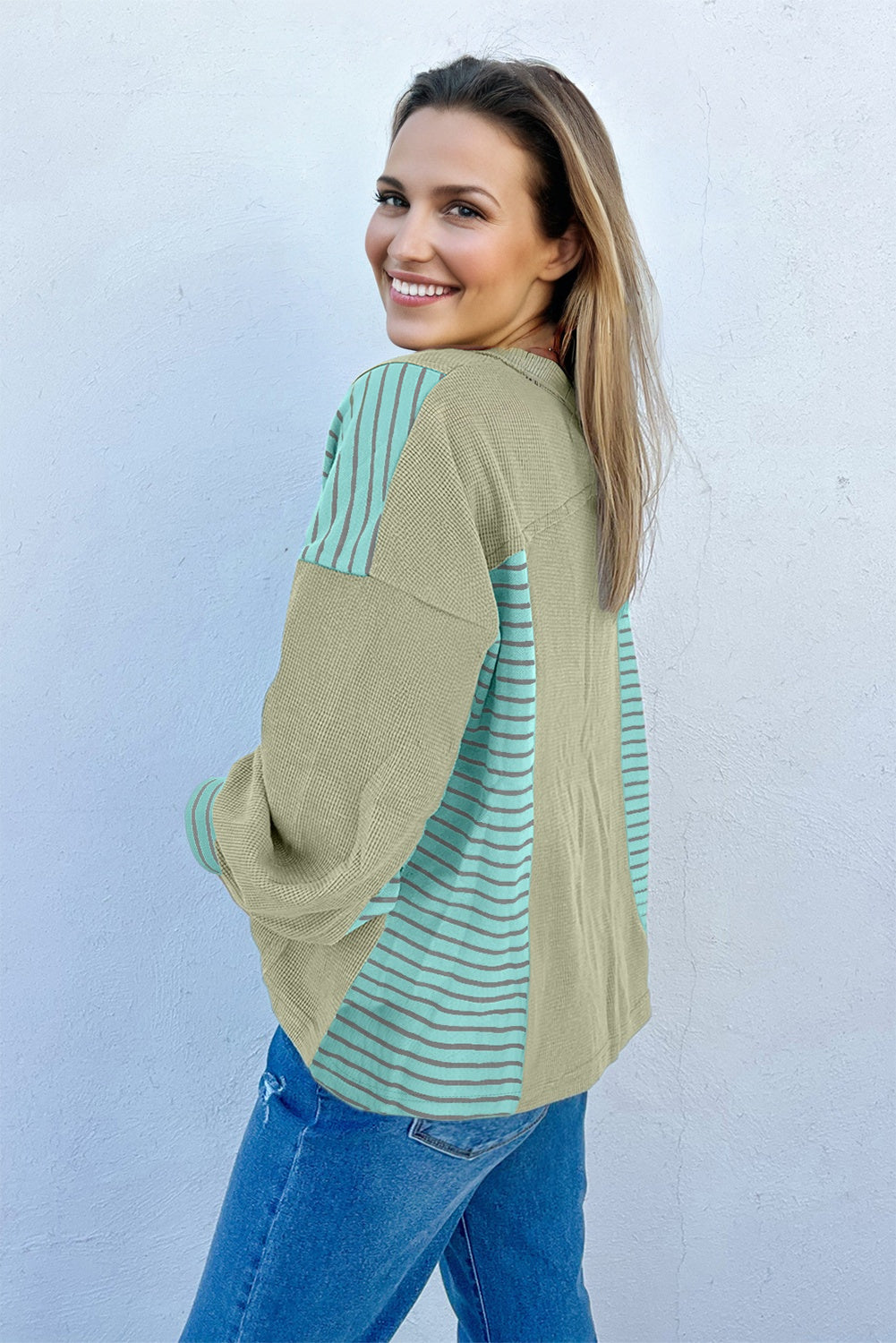 Dusk Blue Exposed Seam Waffle Striped Patchwork Baggy Pullover
