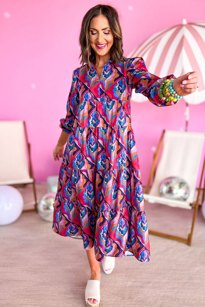 Multicolor Abstract Geometric Print Long Sleeve High Waist Dress