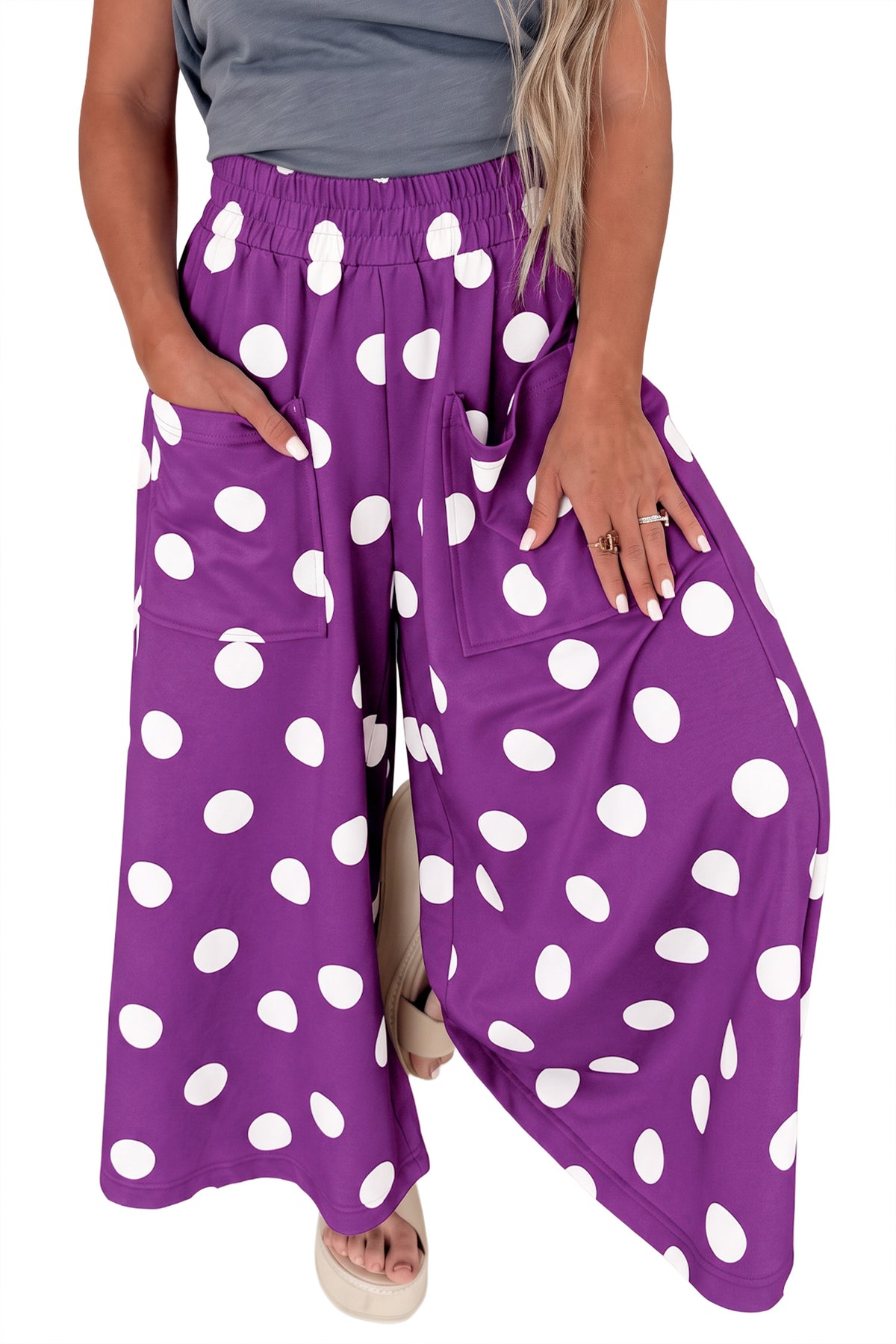 Purple Polka Dot Wide Leg Elastic Waist Casual Pants