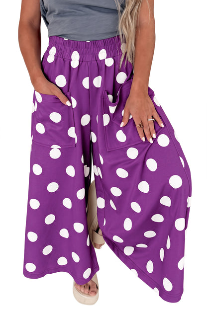 Purple Polka Dot Wide Leg Elastic Waist Casual Pants