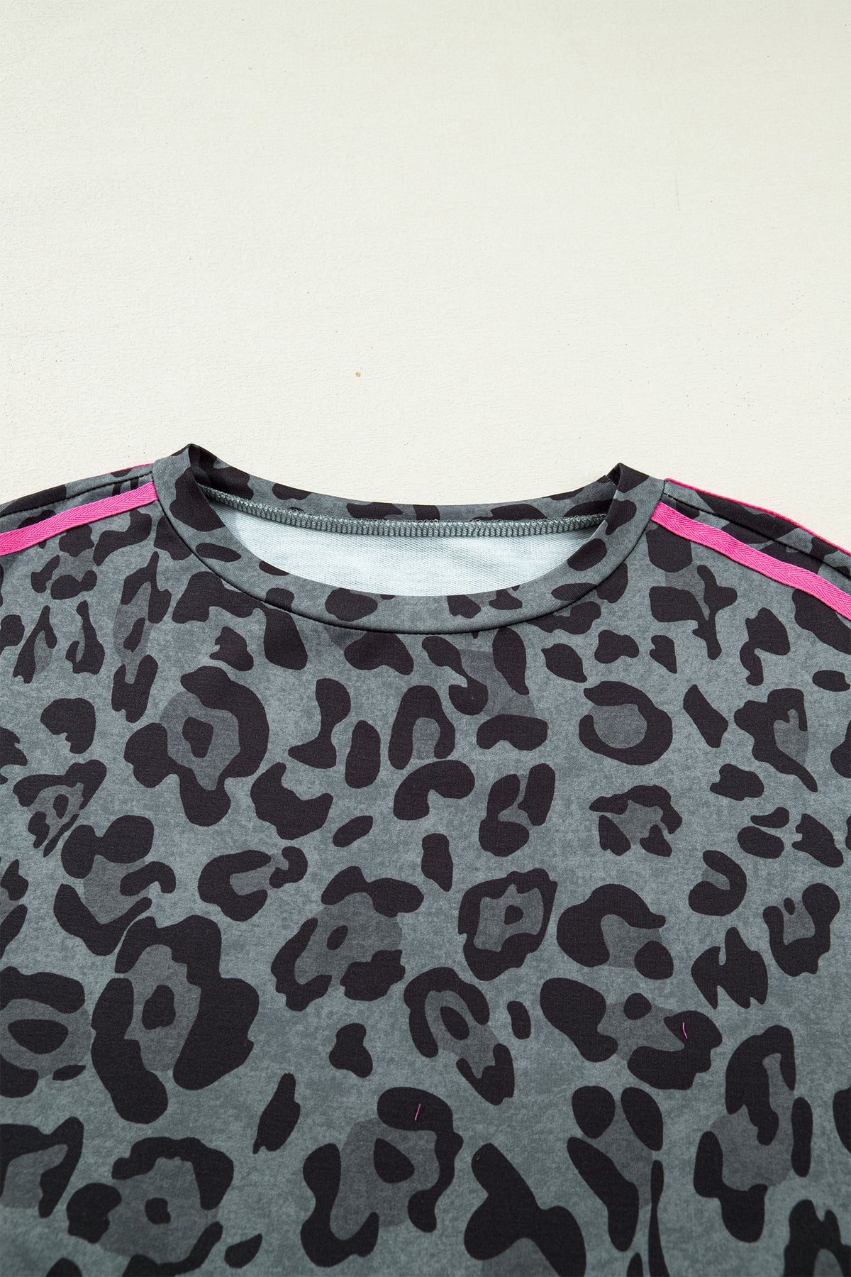 Gray Leopard Print Varsity Striped Trim Long Sleeve Top