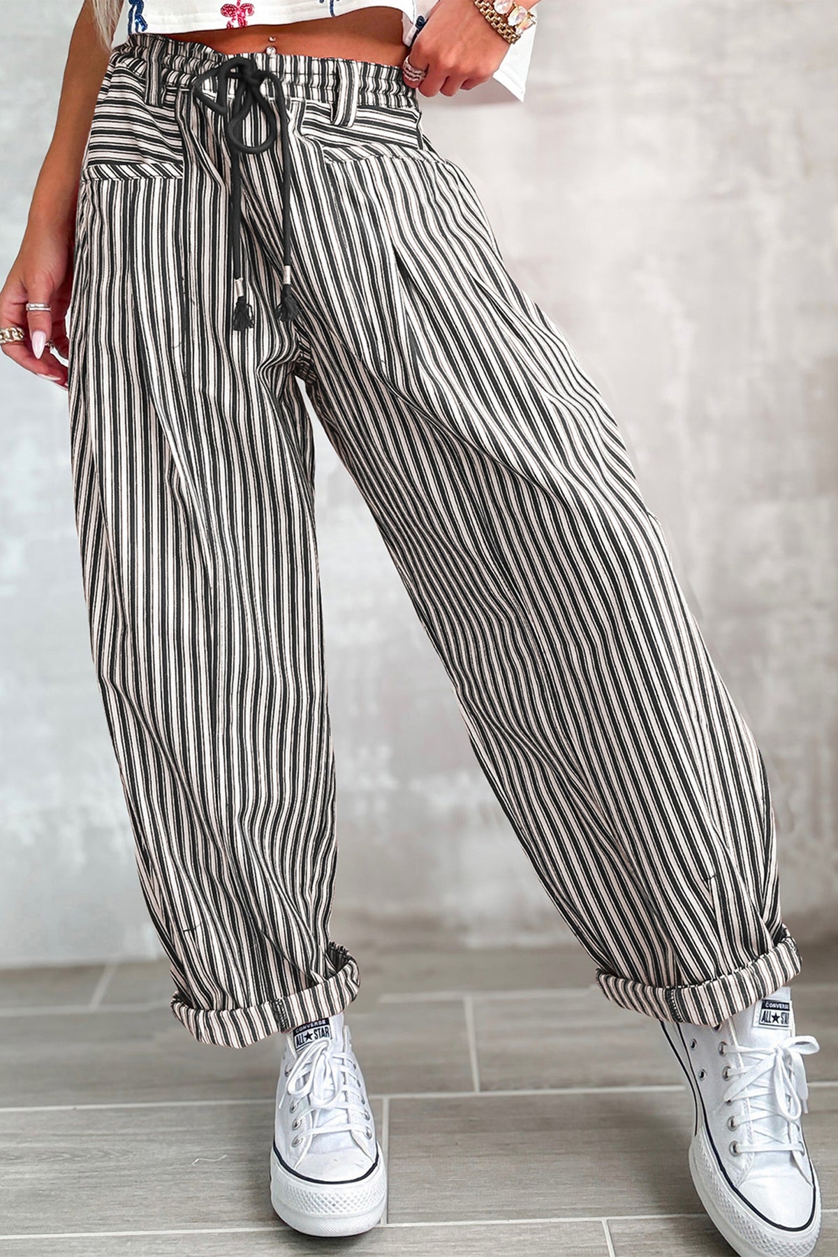 Black Stripe Drawstring Casual Loose Pants