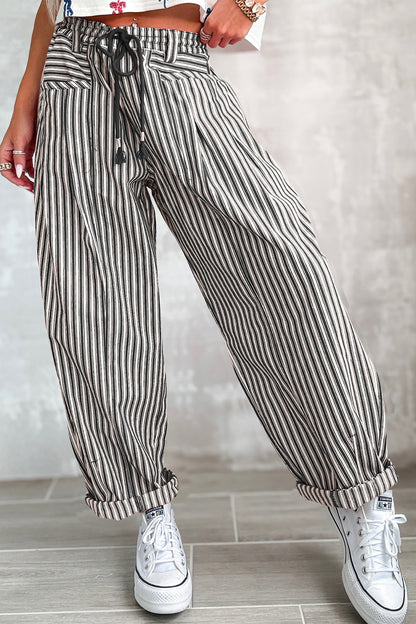 Black Stripe Drawstring Casual Loose Pants