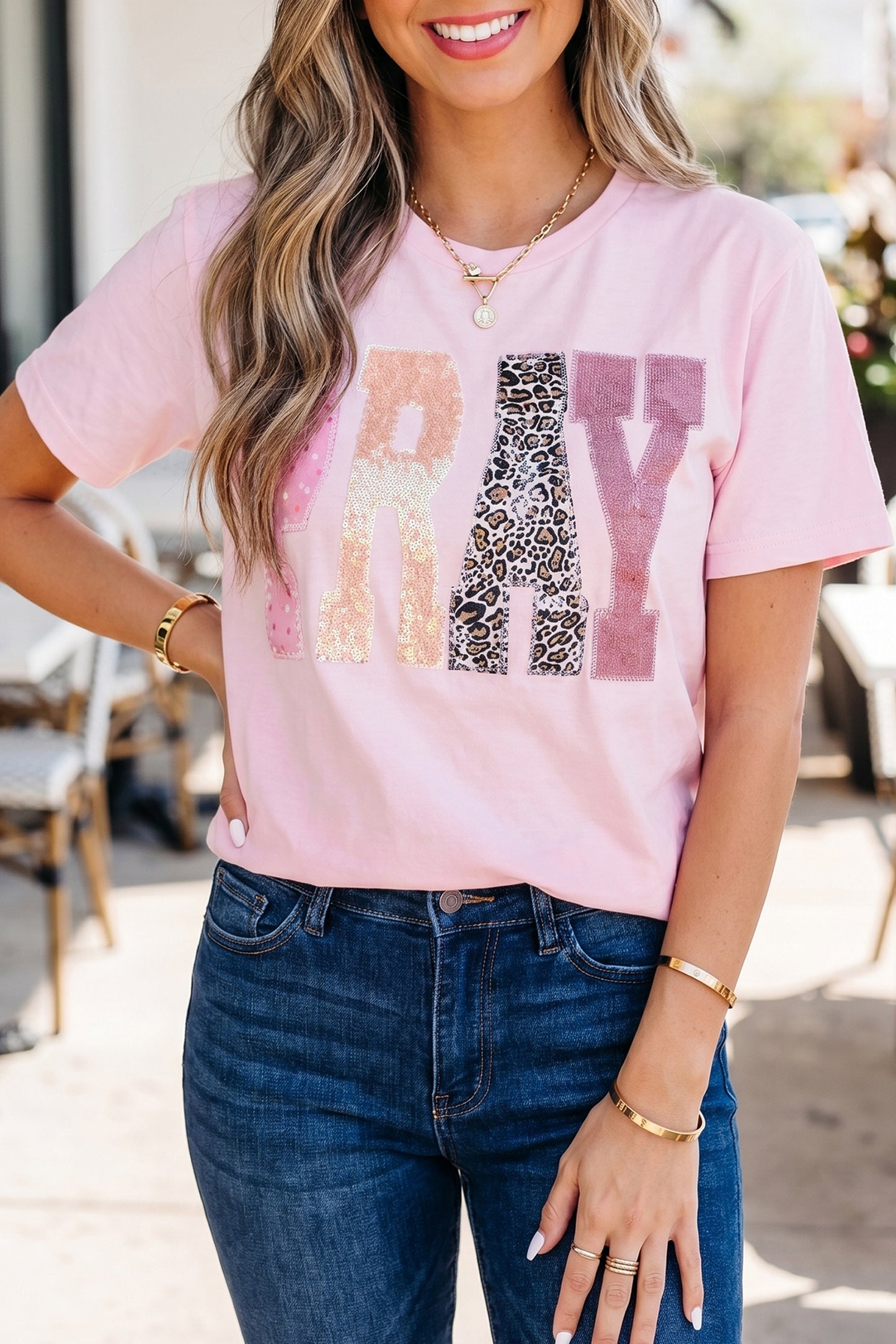 Pink PRAY Sequin Leopard Multiple Patched Graphic Tee