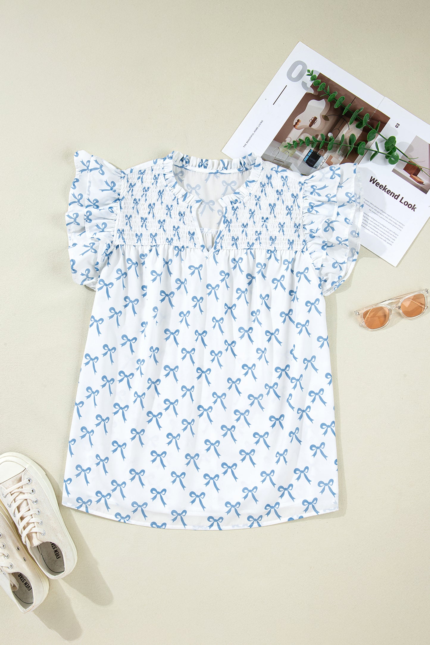 Sky Blue Ruffled Short Sleeve Plus Size Bow Top