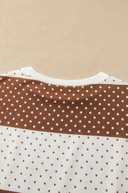 Brown Polka Dot Patchwork Colorblock Long Sleeve Top