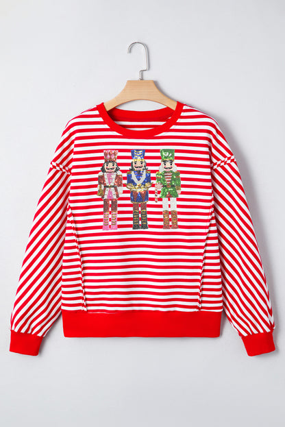 Red Stripe Christmas Nutcracker Sequin Patched Drop Shoulder Top