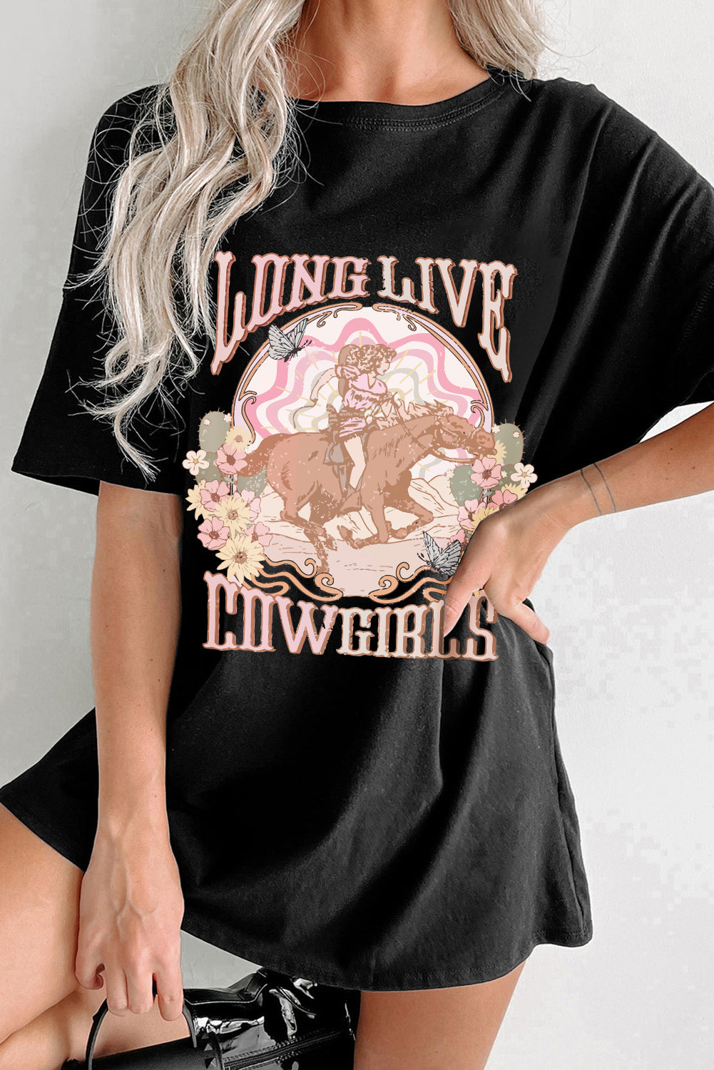 T-shirt noir à col rond avec imprimé « LONG LIVE COWGIRLS »
