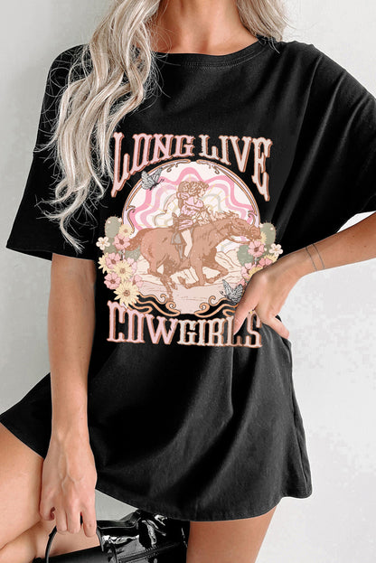 T-shirt noir à col rond avec imprimé « LONG LIVE COWGIRLS »