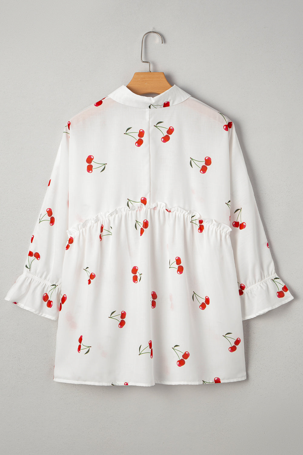 White Cherry Print Flounce Sleeve Collared Frilled Babydoll Blouse