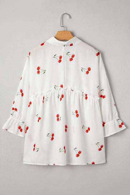 White Cherry Print Flounce Sleeve Collared Frilled Babydoll Blouse