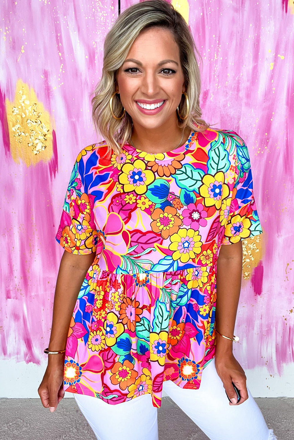 Haut babydoll plissé à manches courtes et imprimé floral rose