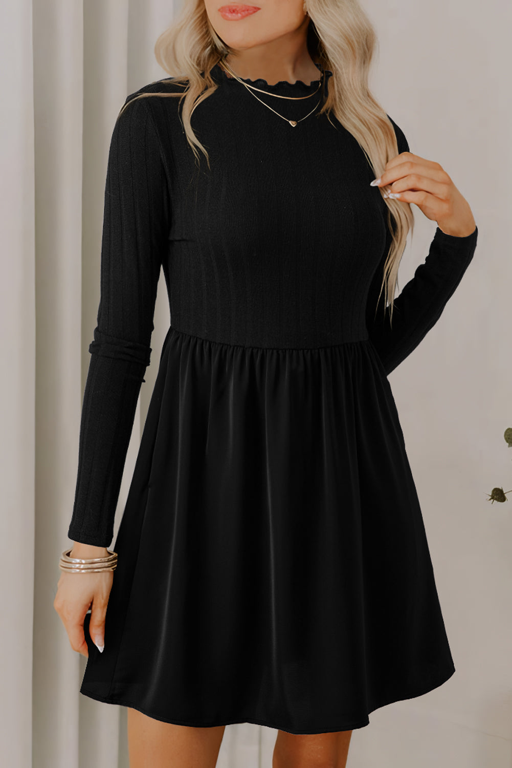 Black Frilled Neck Ribbed Knit Patchwork Long Sleeve Mini Dress