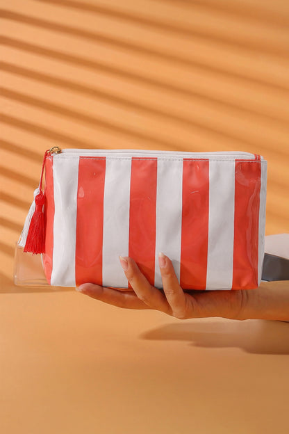 Carrot Striped Vinyl Waterproof Tassel Zipper Makeup Bag