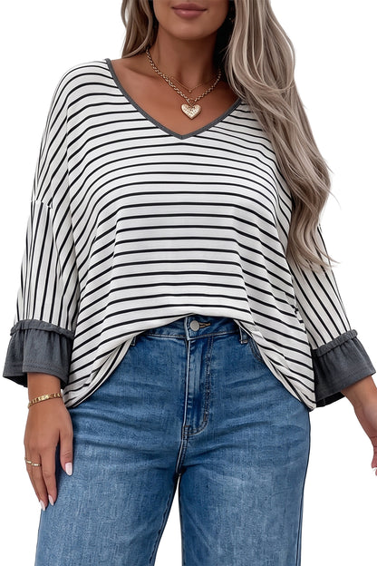 Gray Stripe Ruffled Bracelet Sleeve V Neck Plus Size Top