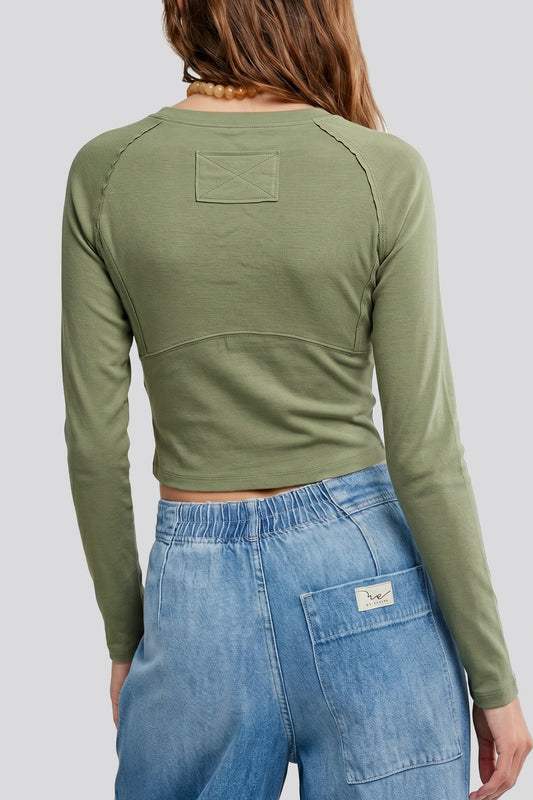 Guacamole Green Round Neck Paneling Long Sleeve Top