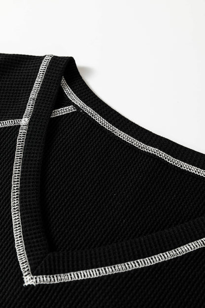Black Waffle Textured Contrast Trim V Neck Tee
