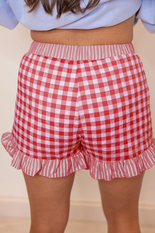 Red Gingham Print Ruffle Striped Detail Lace Tie Shorts