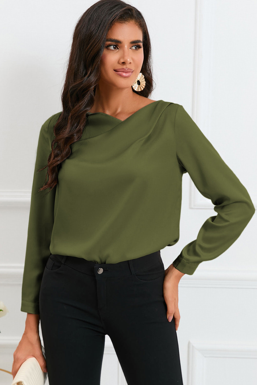 White Solid Asymmetric V Neck Long Sleeve Satin Blouse
