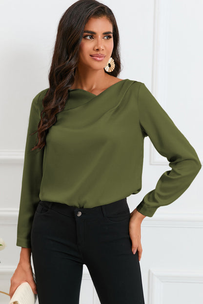 White Solid Asymmetric V Neck Long Sleeve Satin Blouse