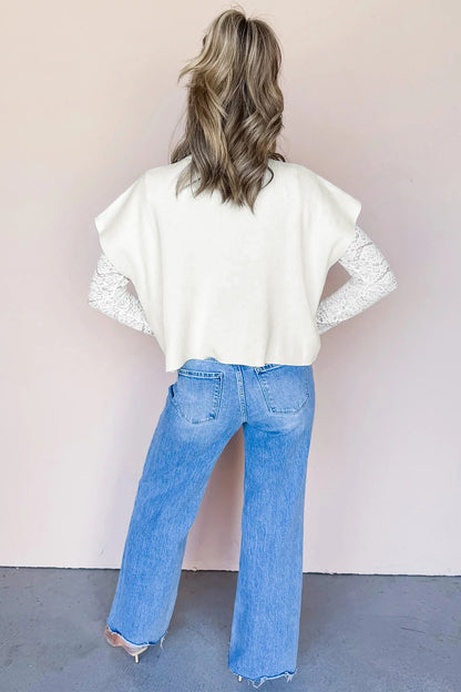 Bright Pink Solid Mock Neck Lace Sleeve Ribbed Knit Sweater