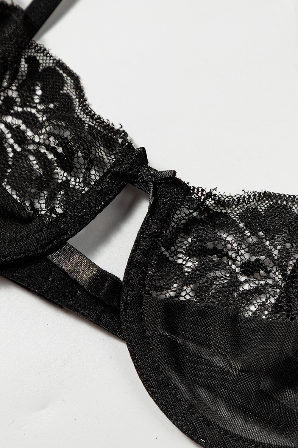 3 piezas set de lencería de malla de encaje con liguero de plumas 