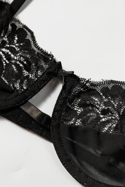 3 piezas set de lencería de malla de encaje con liguero de plumas 