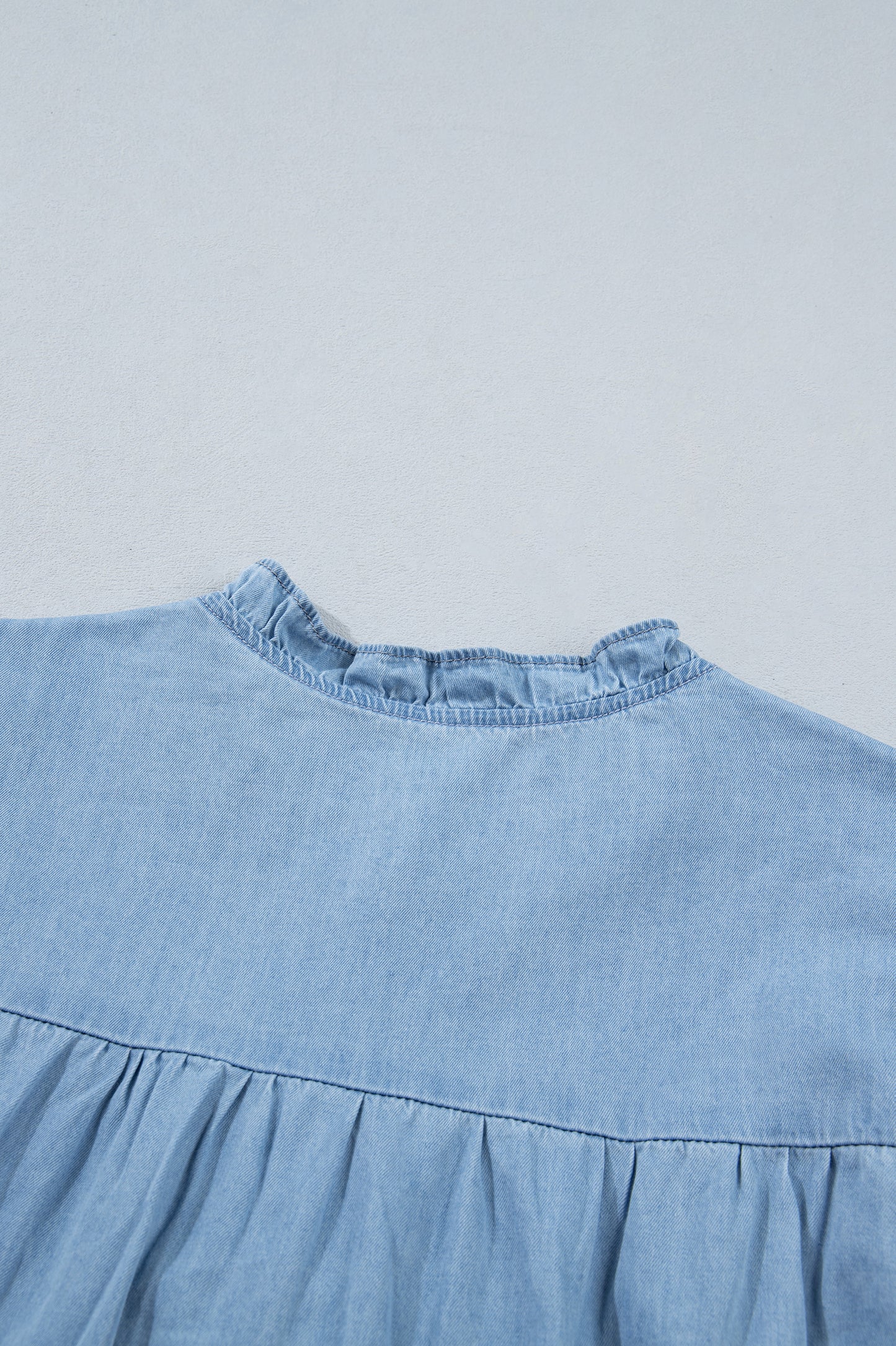 Beau Blue Western Ruffle V Neck Long Sleeve Chambray Blouse