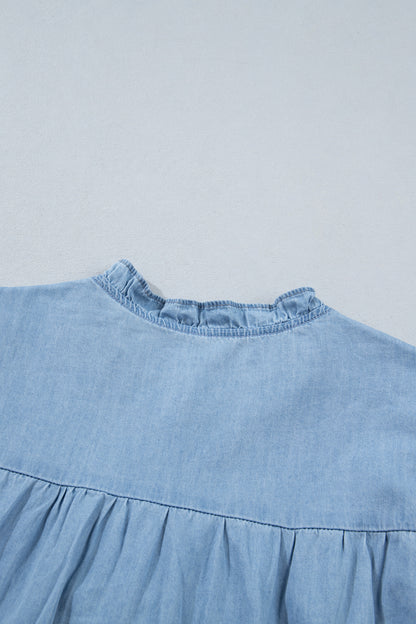 Beau Blue Western Ruffle V Neck Long Sleeve Chambray Blouse