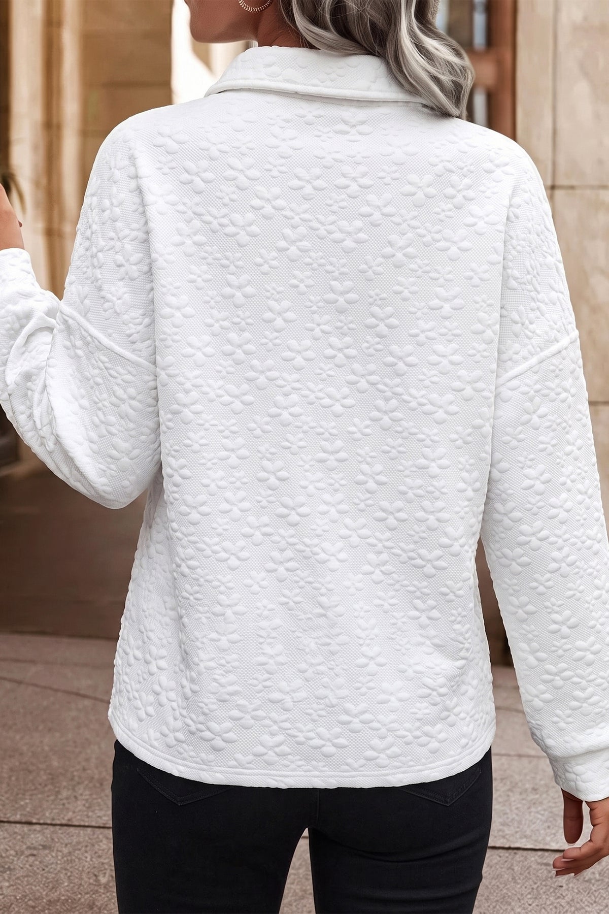 White Solid Color Textured Relaxed Button Collar Pullover Sweatshirt