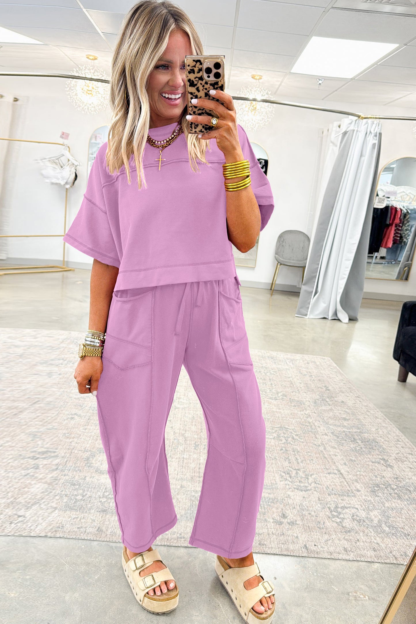 Orchid Bouquet Drop Shoulder Boxy Tee and Barrel Pants Set