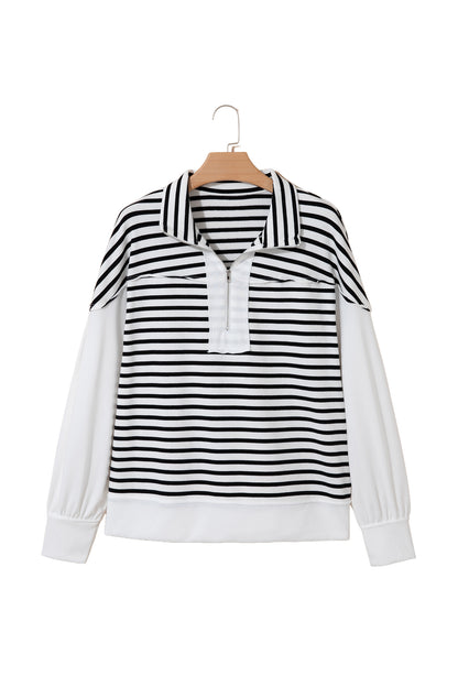 White Stripe Color Block Long Puff Sleeve Metal Zip-Up Collar Top