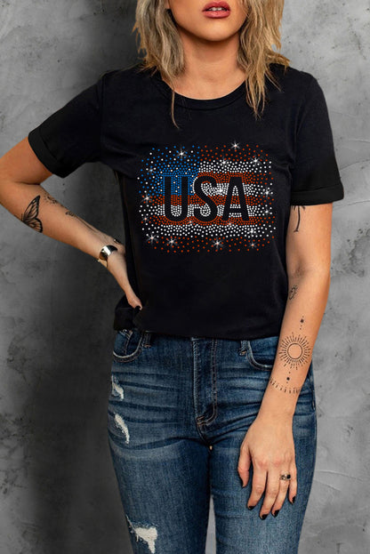T-shirt graphique noir avec strass et drapeau américain