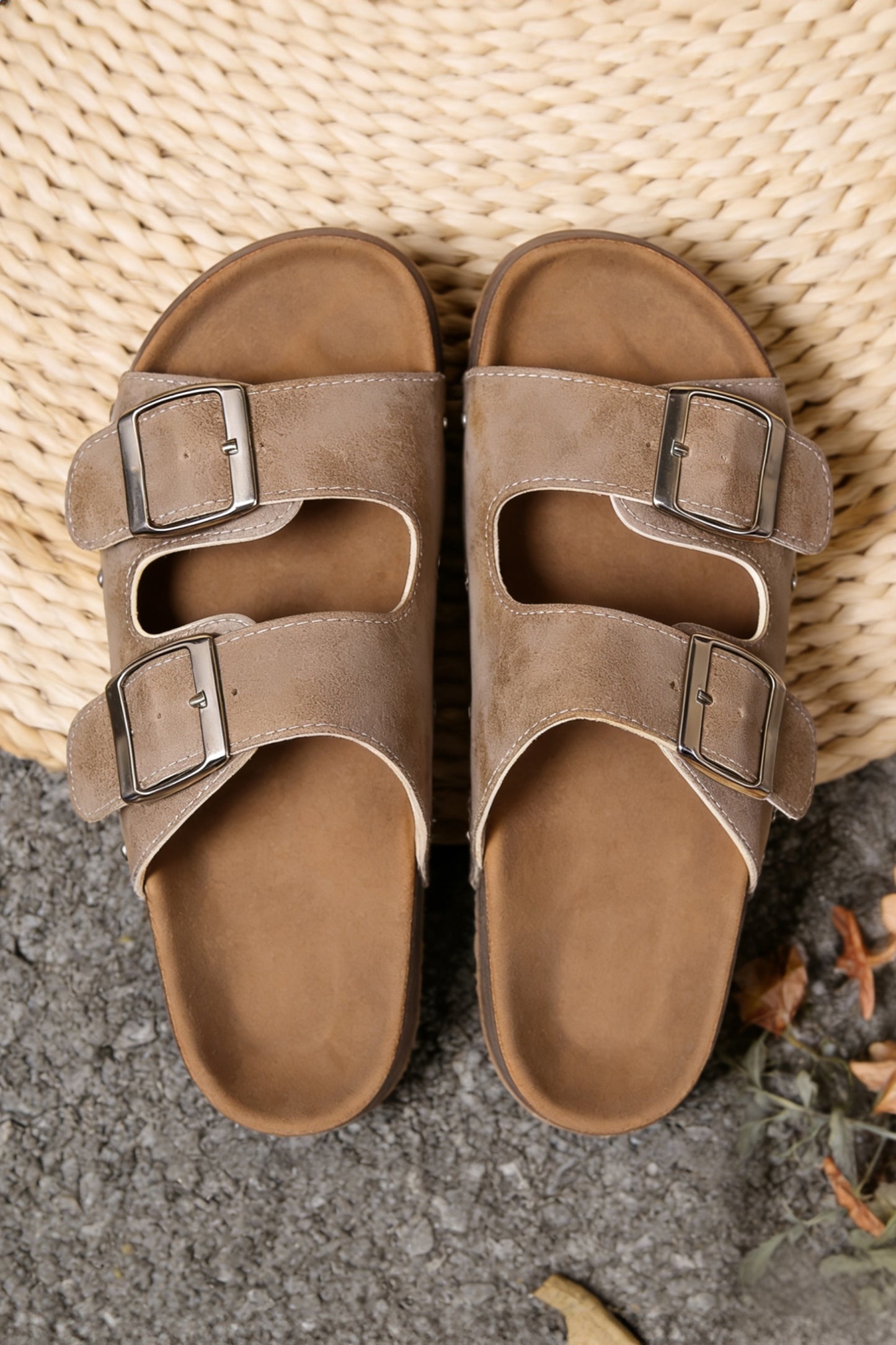 Medium Grey Retro Double Buckle PU Leather Faux Suede Platform Slippers