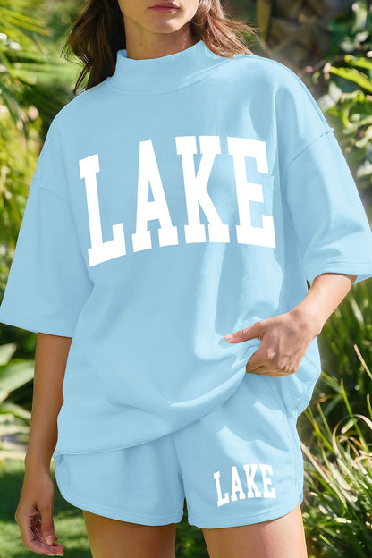 Mist Blue LAKE Print High Neck Short Sleeve Top Casual Short Set