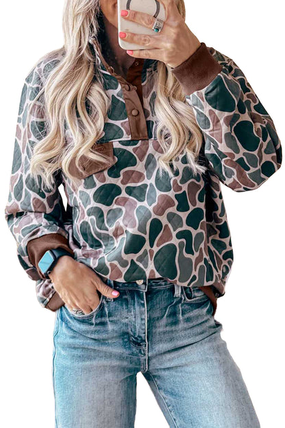 Multicolour Retro Camouflage Pattern Color Block Detail Button Pullover Sweatshirt