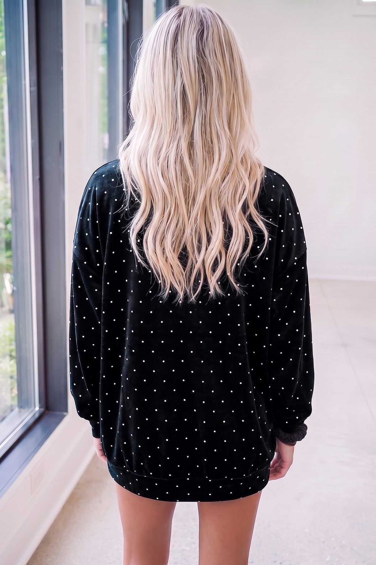 Black Velvet Polka Dot High Neck Tunic Pullover Sweatshirt