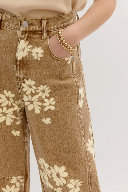 Khaki Floral Print Metal Button Pleated Straight Leg Jeans