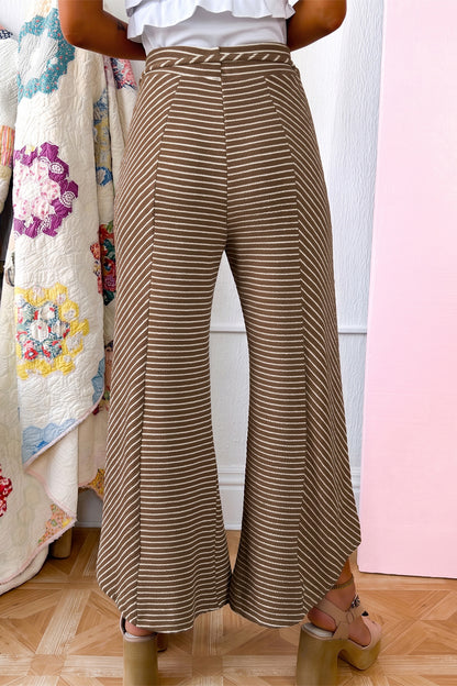 Khaki Stripe Patchwork Design Wide Leg Casual Pants