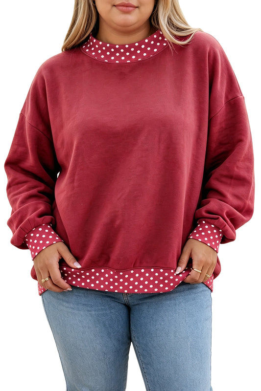 Red Dahlia Polka Dot Patchwork Round Neck Plus Size Sweatshirt