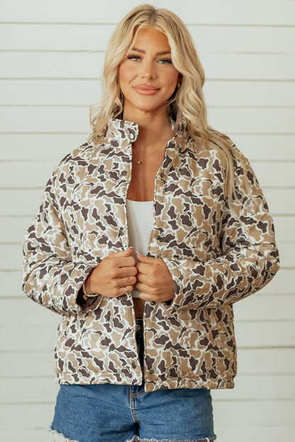 Multicolour Camouflage Quilted Metal Button Collar Long Sleeve Puffer Coat
