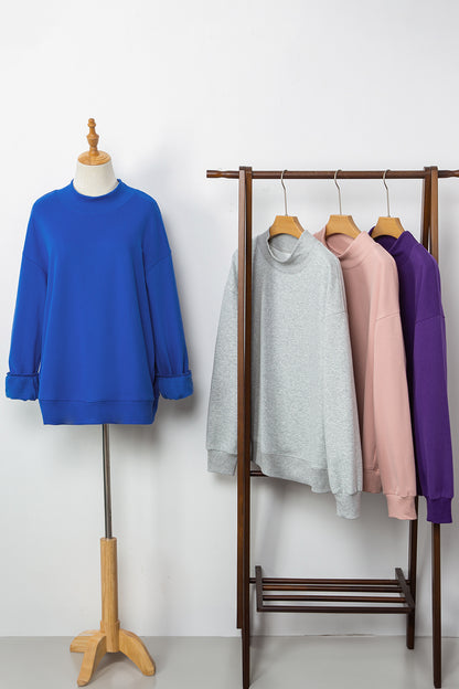 Dark Blue Solid Color Oversized Mock Neck Sweatshirt