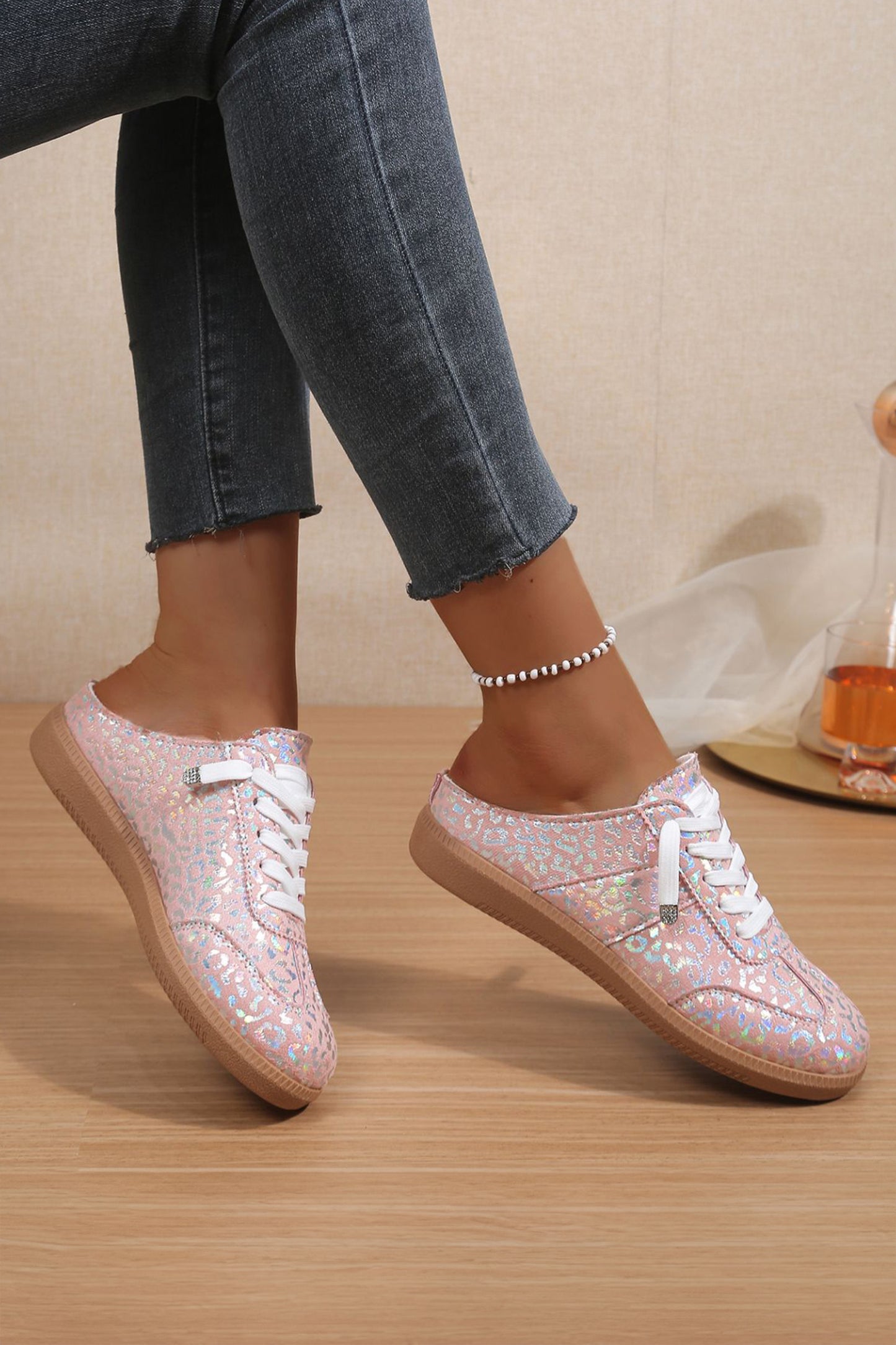 Pink Shiny Leopard Print Lace up Slip On Shoes