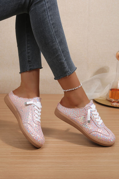 Pink Shiny Leopard Print Lace up Slip On Shoes