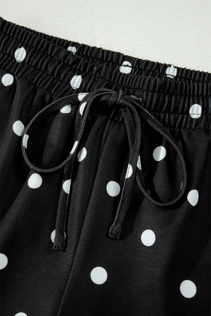 Black Polka Dot Short Sleeve Loose Top Drawstring Shorts Set