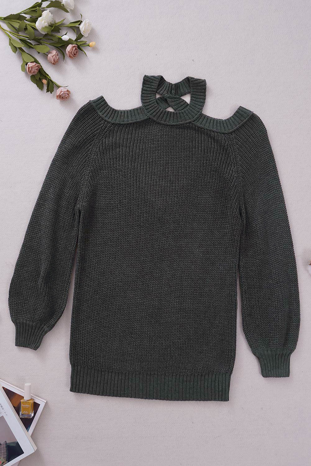 Suéter de punto acanalado con hombros descubiertos y cinturón cruzado sin espalda para mujer, informal, holgado, de manga larga, Color sólido, para invierno