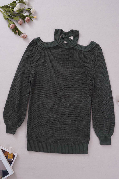 Suéter de punto acanalado con hombros descubiertos y cinturón cruzado sin espalda para mujer, informal, holgado, de manga larga, Color sólido, para invierno