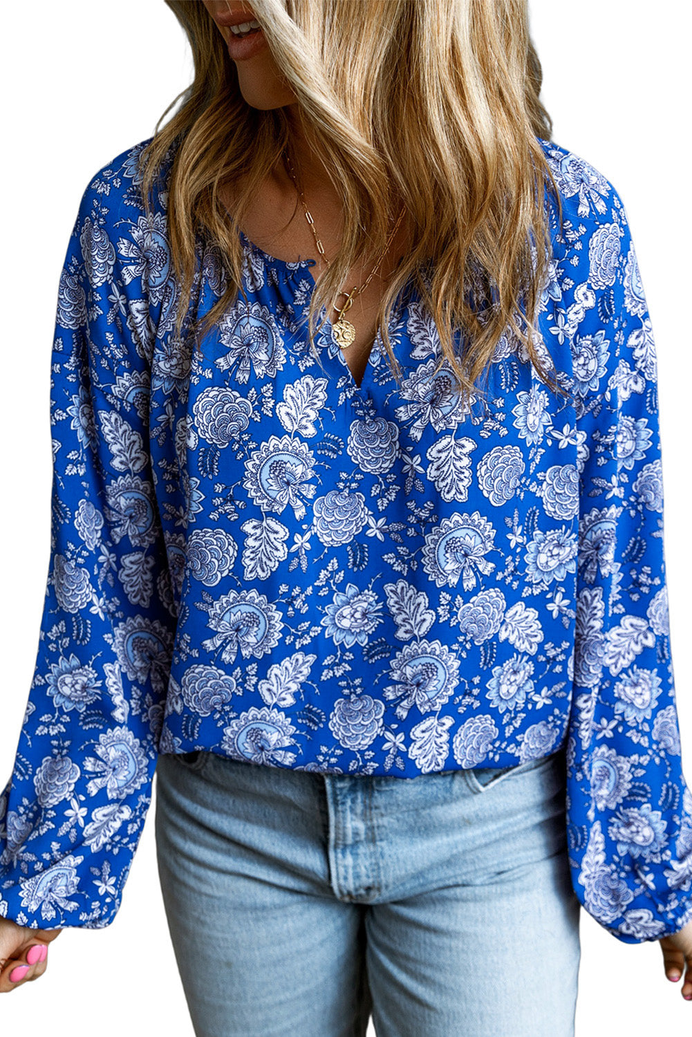 Blusa de manga larga con cuello en V y muesca floral azul 