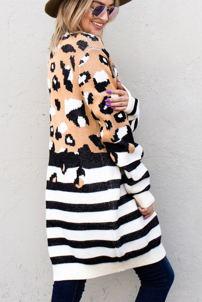 Cardigan ouvert à rayures léopard marron et imprimé mixte